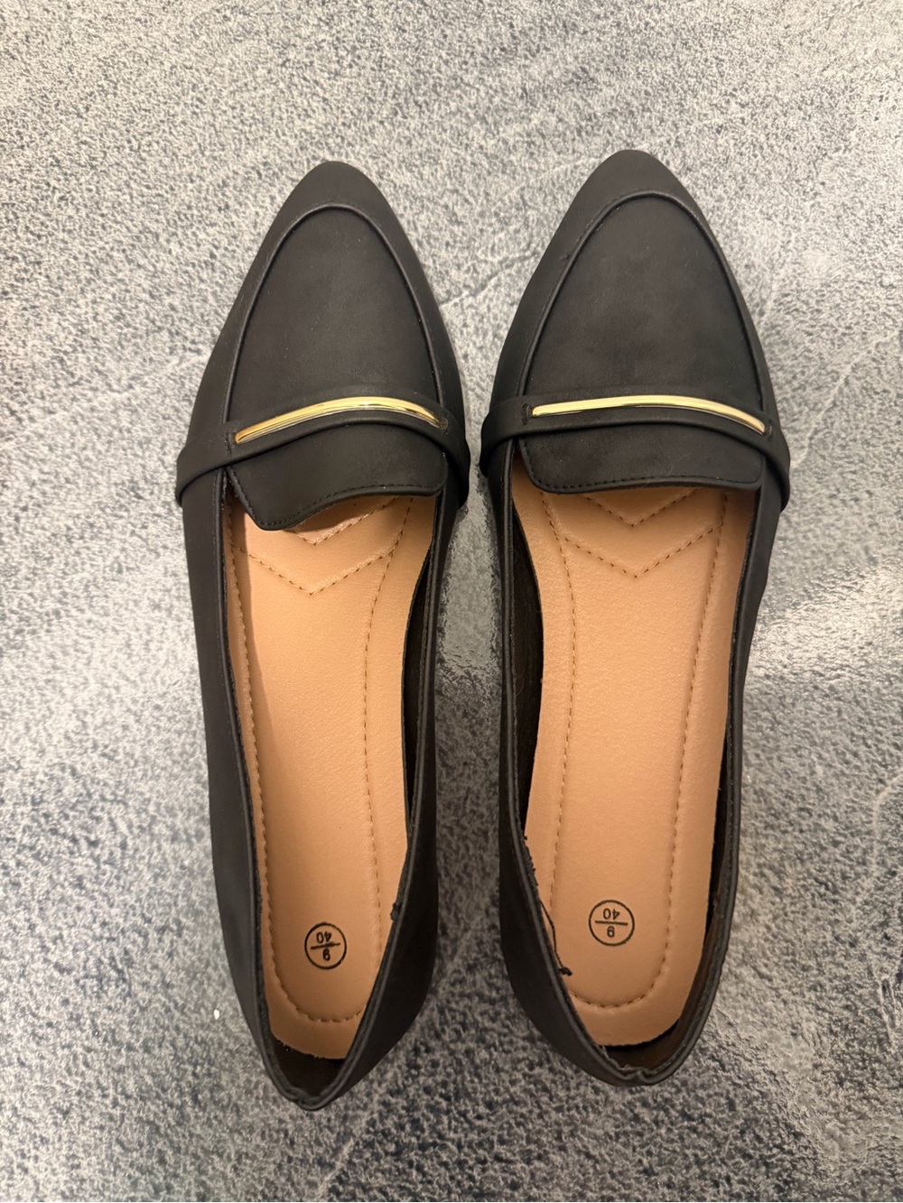Black Women's Pointed Toe Loafers with Gold Accent